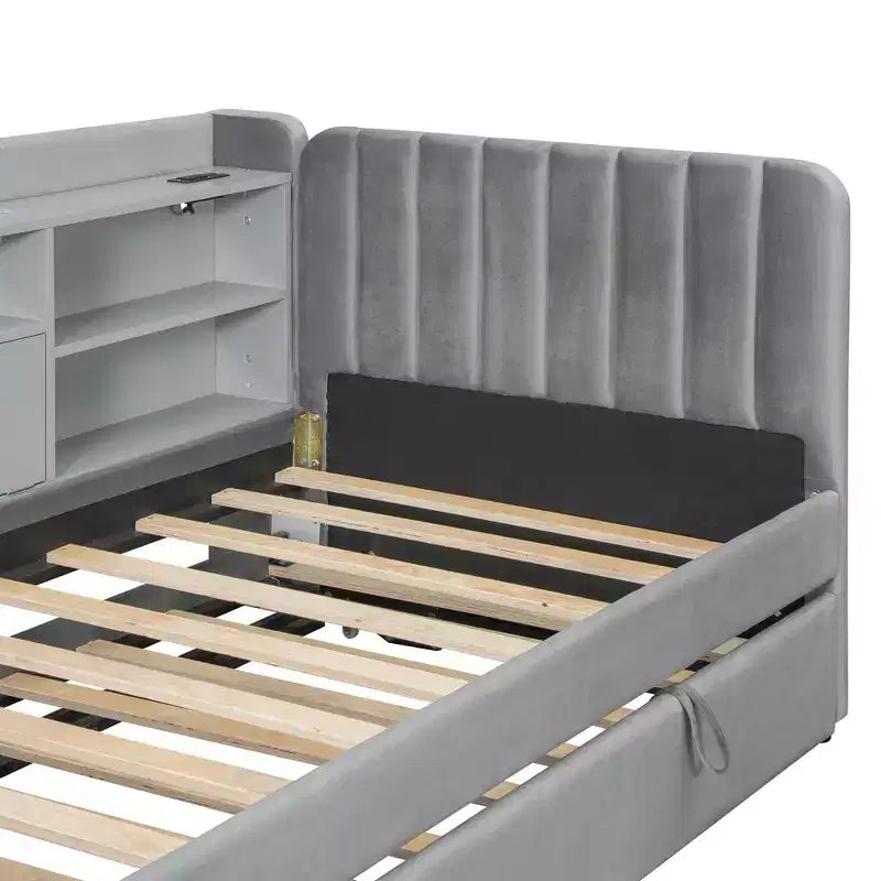 Lit de repos double rembourré avec lit gigogne, étagères de rangement, ports USB et prise, beige/gris