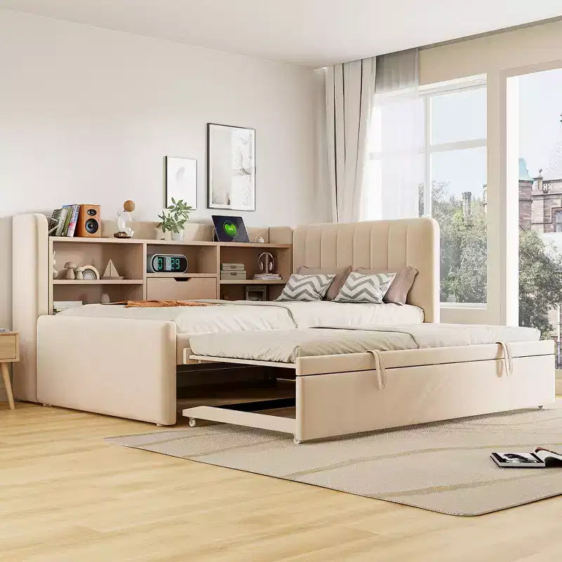 Lit de repos double rembourré avec lit gigogne, étagères de rangement, ports USB et prise, beige/gris