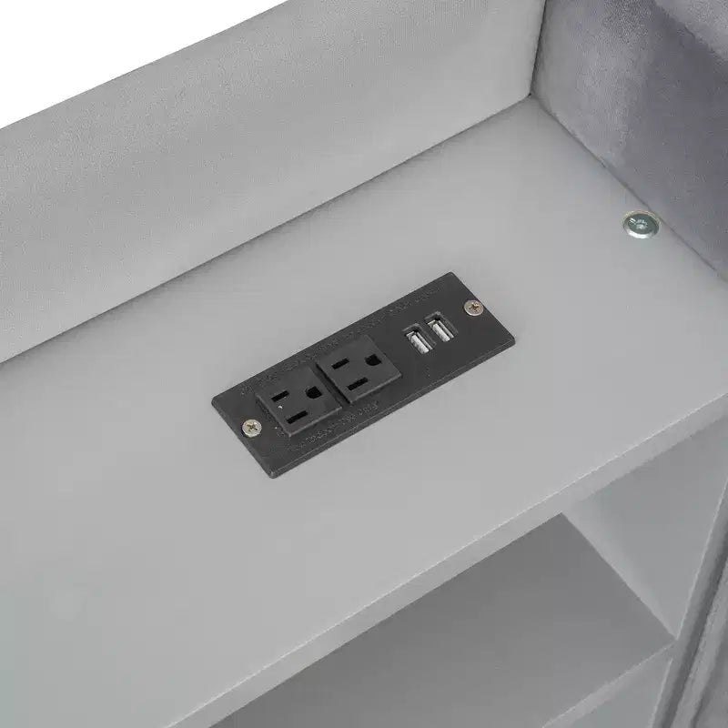 Lit de repos double rembourré avec lit gigogne, étagères de rangement, ports USB et prise, beige/gris