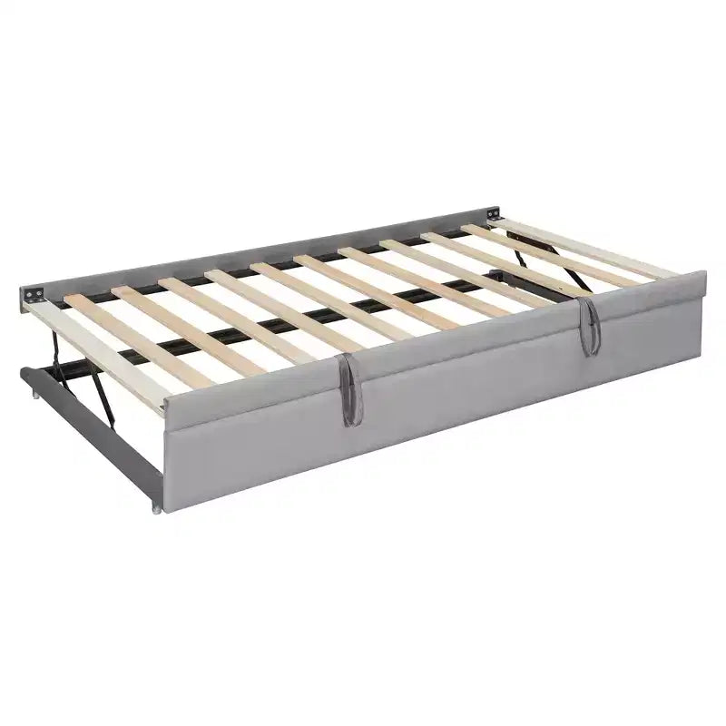 Lit de repos double rembourré avec lit gigogne, étagères de rangement, ports USB et prise, beige/gris