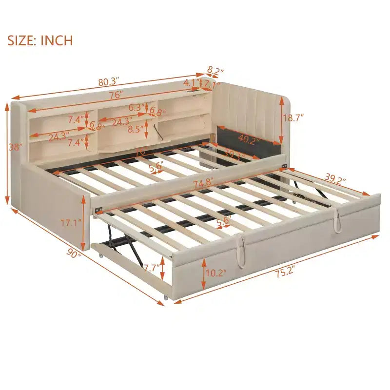 Lit de repos double rembourré avec lit gigogne, étagères de rangement, ports USB et prise, beige/gris