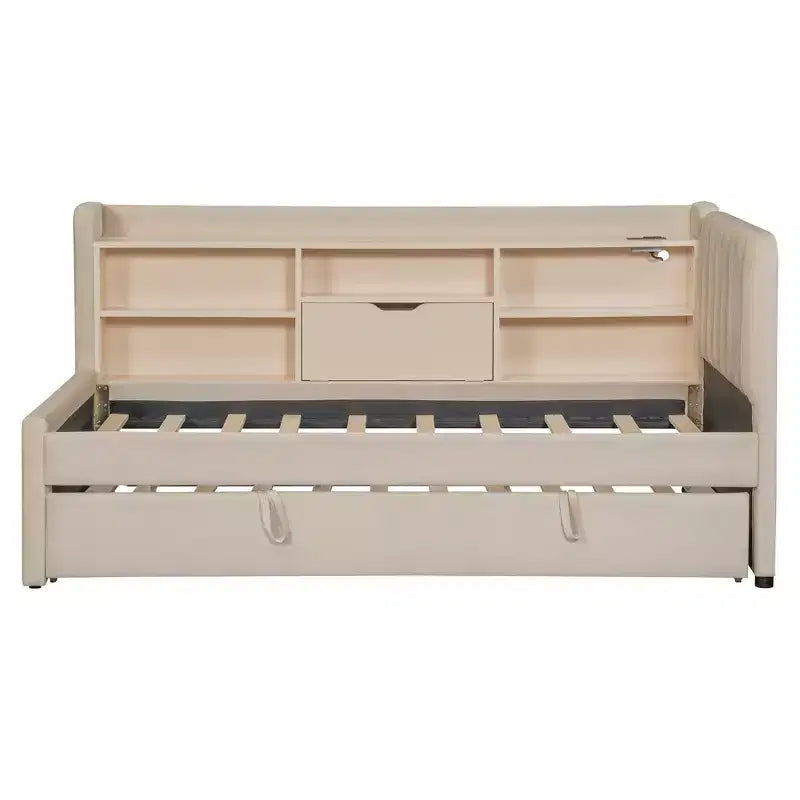 Lit de repos double rembourré avec lit gigogne, étagères de rangement, ports USB et prise, beige/gris