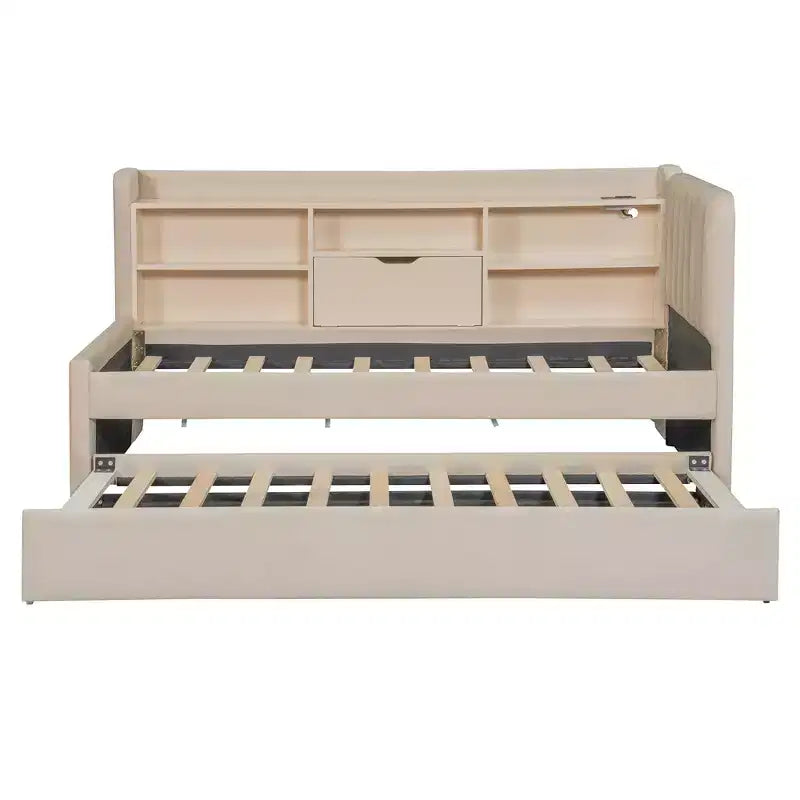 Lit de repos double rembourré avec lit gigogne, étagères de rangement, ports USB et prise, beige/gris
