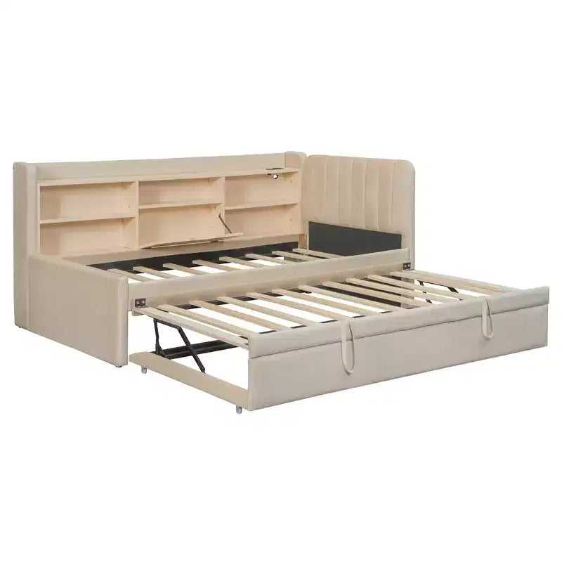 Lit de repos double rembourré avec lit gigogne, étagères de rangement, ports USB et prise, beige/gris