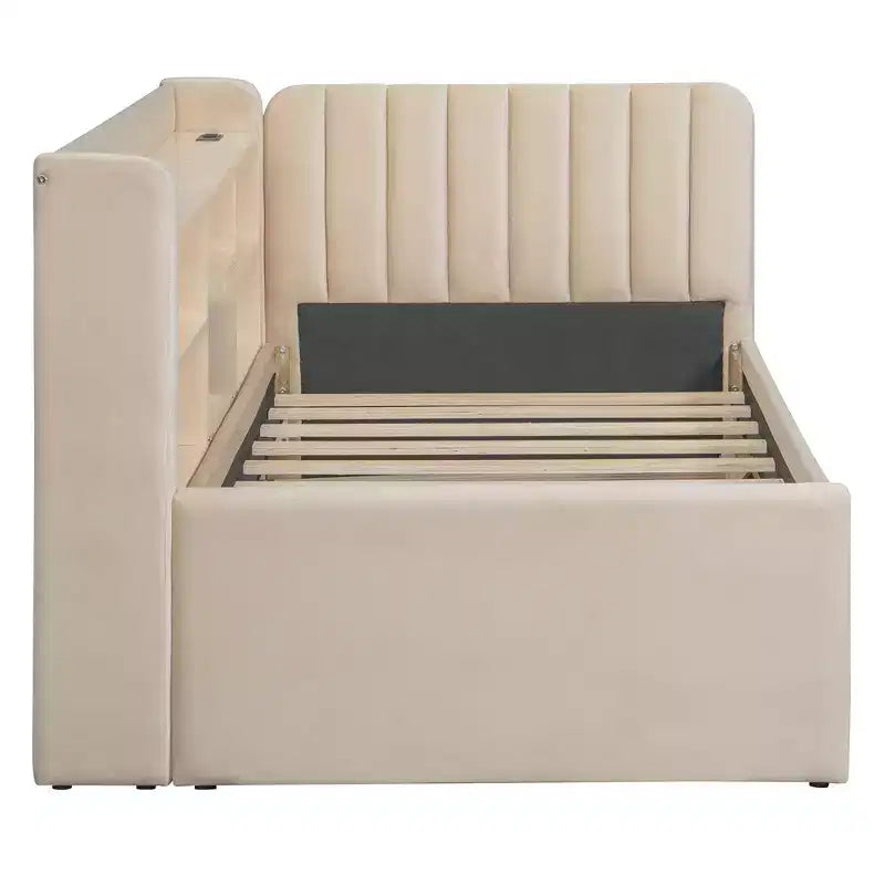 Lit de repos double rembourré avec lit gigogne, étagères de rangement, ports USB et prise, beige/gris