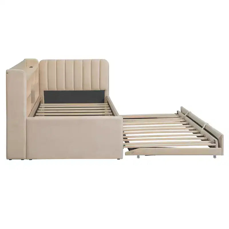Lit de repos double rembourré avec lit gigogne, étagères de rangement, ports USB et prise, beige/gris