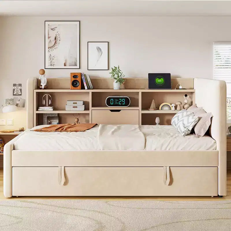 Twin Size Upholstered Daybed with Trundle, Storage Shelves, USB & Outlet, Beige/Gray-ModernLuxe