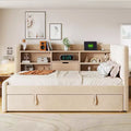 Twin Size Upholstered Daybed with Trundle, Storage Shelves, USB & Outlet, Beige/Gray-ModernLuxe