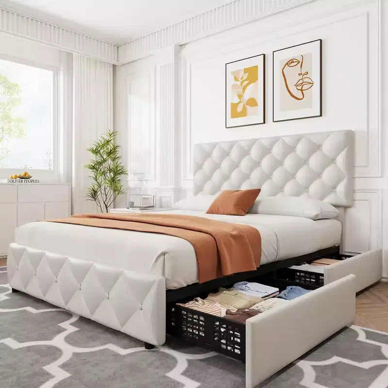 Bed Frame with 4 Storage Drawers, Faux Leather Upholstered Platform Bed Frame with Adjustable Headboard