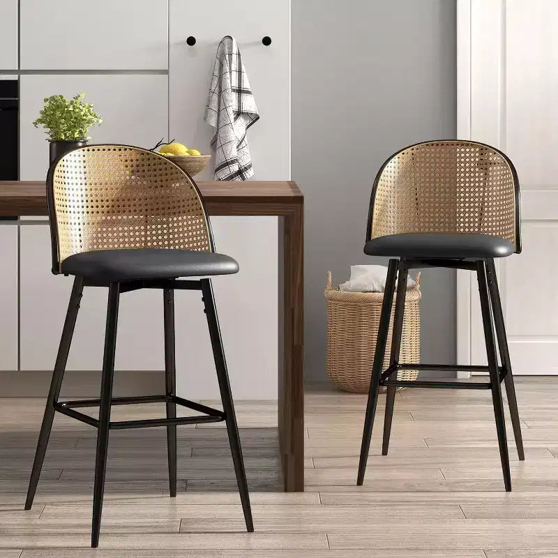 TYBOATLE Bar Stools Set, 29 Rattan Swivel Barstools with Faux Leather, Boho Mid-Century Modern Upholstered Bar Chairs for Kitchen Island