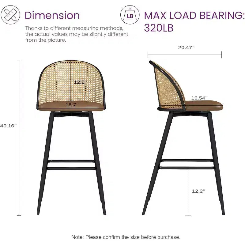 Tabourets de bar pivotants en rotin avec similicuir, chaises de bar rembourrées de style bohème moderne du milieu du siècle pour îlot de cuisine
