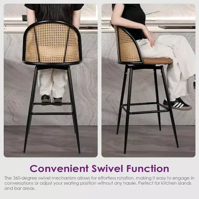 Tabourets de bar pivotants en rotin avec similicuir, chaises de bar rembourrées de style bohème moderne du milieu du siècle pour îlot de cuisine