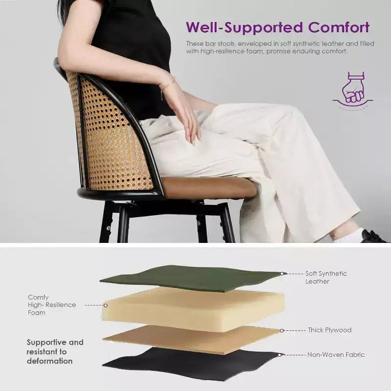 Tabourets de bar pivotants en rotin avec similicuir, chaises de bar rembourrées de style bohème moderne du milieu du siècle pour îlot de cuisine