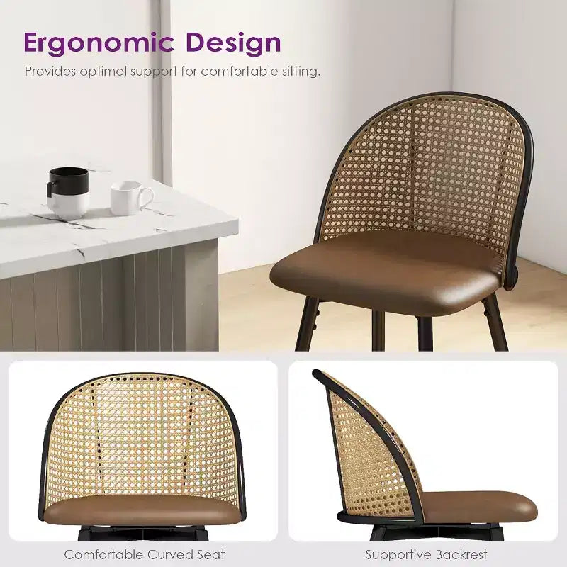 Tabourets de bar pivotants en rotin avec similicuir, chaises de bar rembourrées de style bohème moderne du milieu du siècle pour îlot de cuisine
