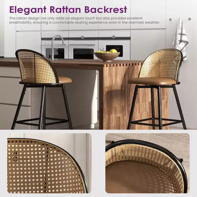 Tabourets de bar pivotants en rotin avec similicuir, chaises de bar rembourrées de style bohème moderne du milieu du siècle pour îlot de cuisine