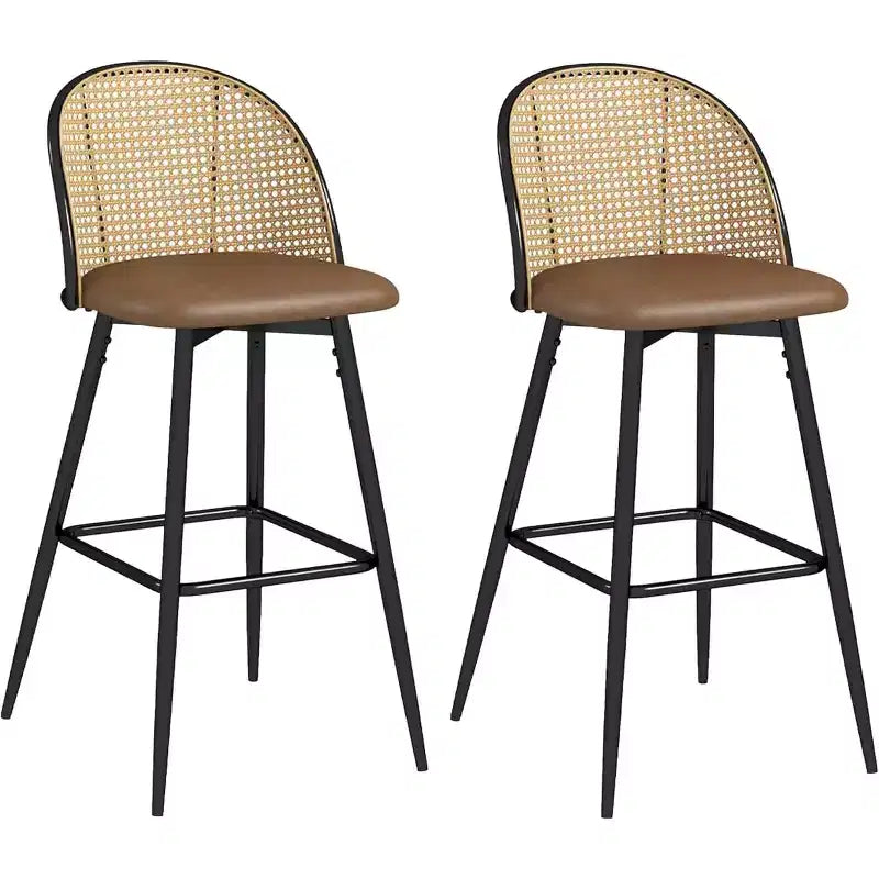 Tabourets de bar pivotants en rotin avec similicuir, chaises de bar rembourrées de style bohème moderne du milieu du siècle pour îlot de cuisine