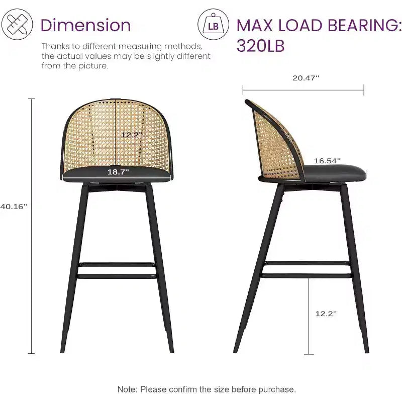 Tabourets de bar pivotants en rotin avec similicuir, chaises de bar rembourrées de style bohème moderne du milieu du siècle pour îlot de cuisine