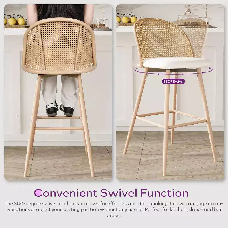 Tabourets de bar pivotants en rotin avec similicuir, chaises de bar rembourrées de style bohème moderne du milieu du siècle pour îlot de cuisine