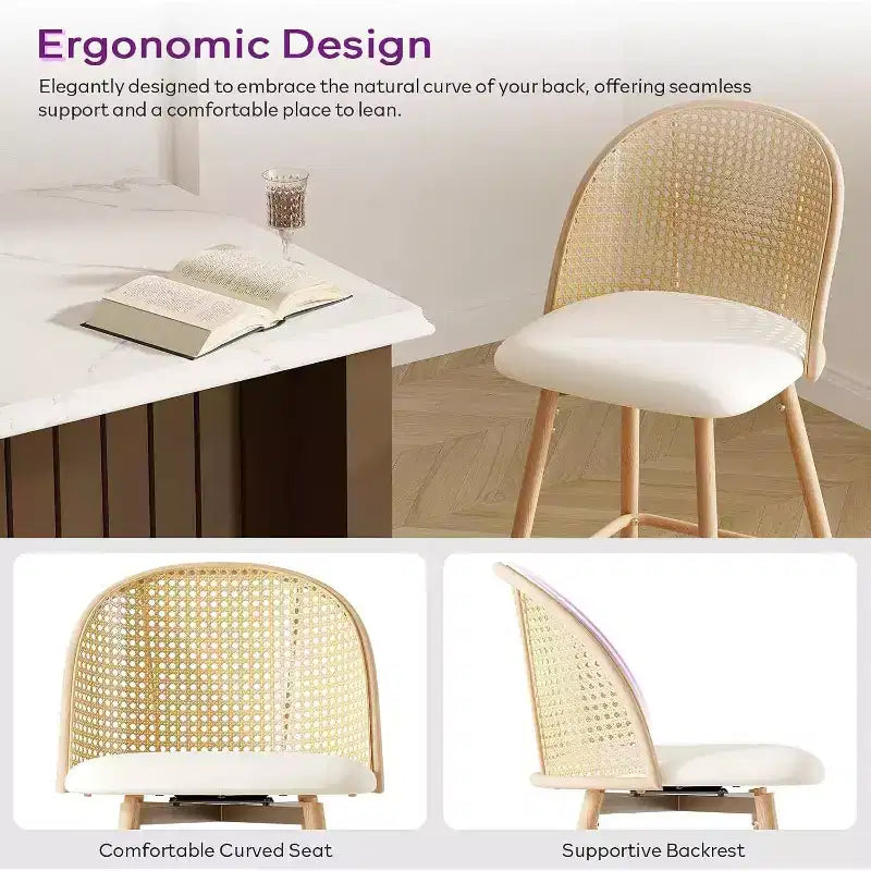 Tabourets de bar pivotants en rotin avec similicuir, chaises de bar rembourrées de style bohème moderne du milieu du siècle pour îlot de cuisine
