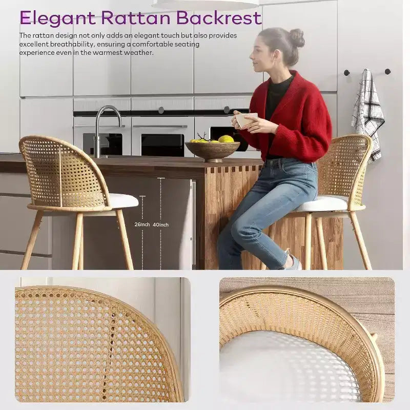 Tabourets de bar pivotants en rotin avec similicuir, chaises de bar rembourrées de style bohème moderne du milieu du siècle pour îlot de cuisine