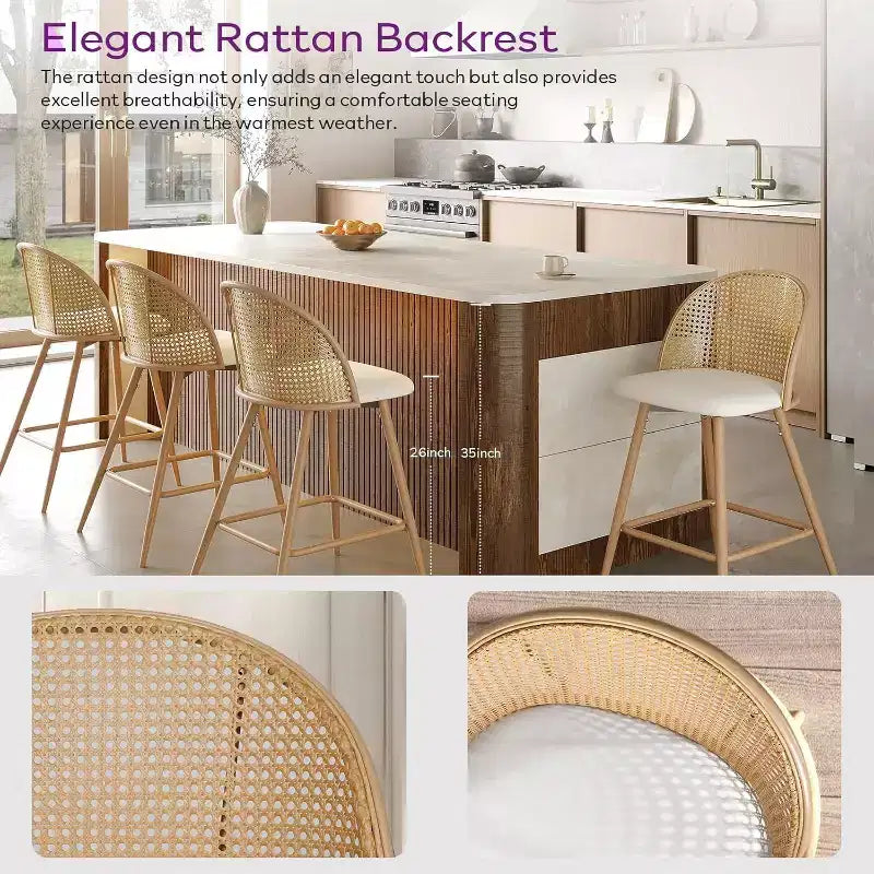 Tabourets de bar pivotants en rotin avec similicuir, chaises de bar rembourrées de style bohème moderne du milieu du siècle pour îlot de cuisine
