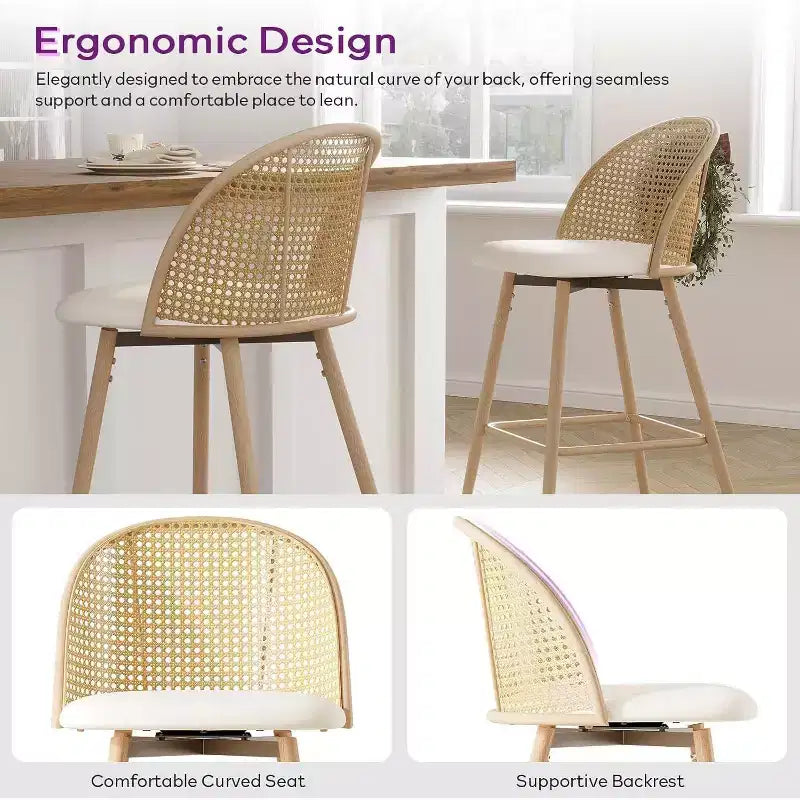 Tabourets de bar pivotants en rotin avec similicuir, chaises de bar rembourrées de style bohème moderne du milieu du siècle pour îlot de cuisine