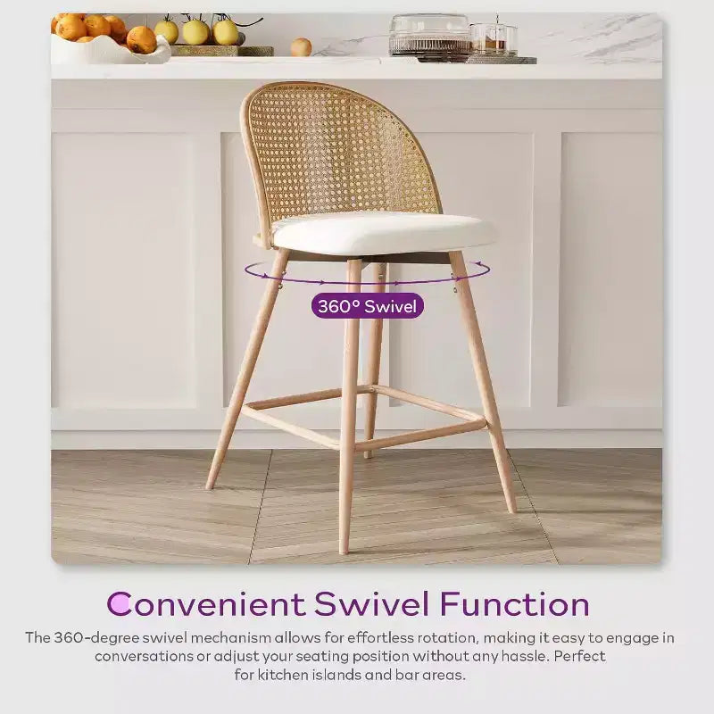 Tabourets de bar pivotants en rotin avec similicuir, chaises de bar rembourrées de style bohème moderne du milieu du siècle pour îlot de cuisine