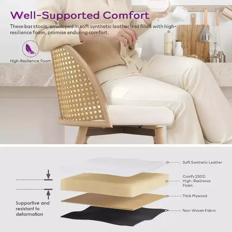 Tabourets de bar pivotants en rotin avec similicuir, chaises de bar rembourrées de style bohème moderne du milieu du siècle pour îlot de cuisine