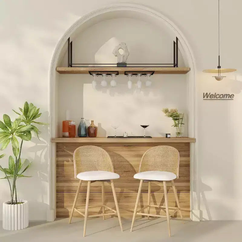 Tabourets de bar pivotants en rotin avec similicuir, chaises de bar rembourrées de style bohème moderne du milieu du siècle pour îlot de cuisine