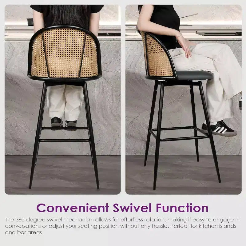 Tabourets de bar pivotants en rotin avec similicuir, chaises de bar rembourrées de style bohème moderne du milieu du siècle pour îlot de cuisine