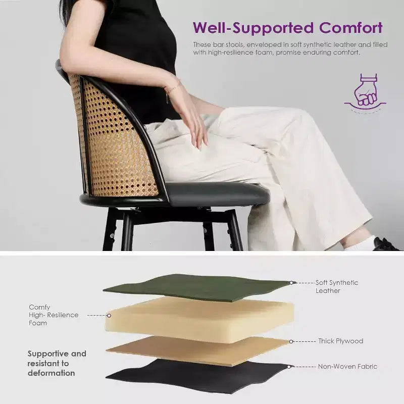 Tabourets de bar pivotants en rotin avec similicuir, chaises de bar rembourrées de style bohème moderne du milieu du siècle pour îlot de cuisine