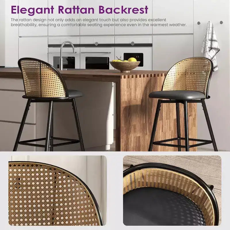 Tabourets de bar pivotants en rotin avec similicuir, chaises de bar rembourrées de style bohème moderne du milieu du siècle pour îlot de cuisine
