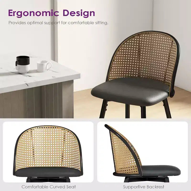 Tabourets de bar pivotants en rotin avec similicuir, chaises de bar rembourrées de style bohème moderne du milieu du siècle pour îlot de cuisine