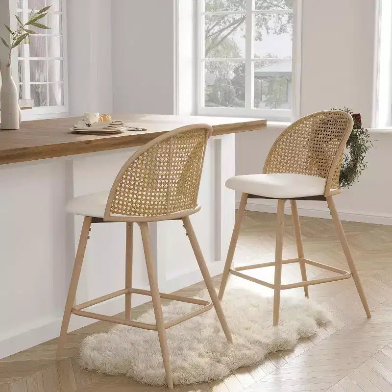 Tabourets de bar pivotants en rotin avec similicuir, chaises de bar rembourrées de style bohème moderne du milieu du siècle pour îlot de cuisine