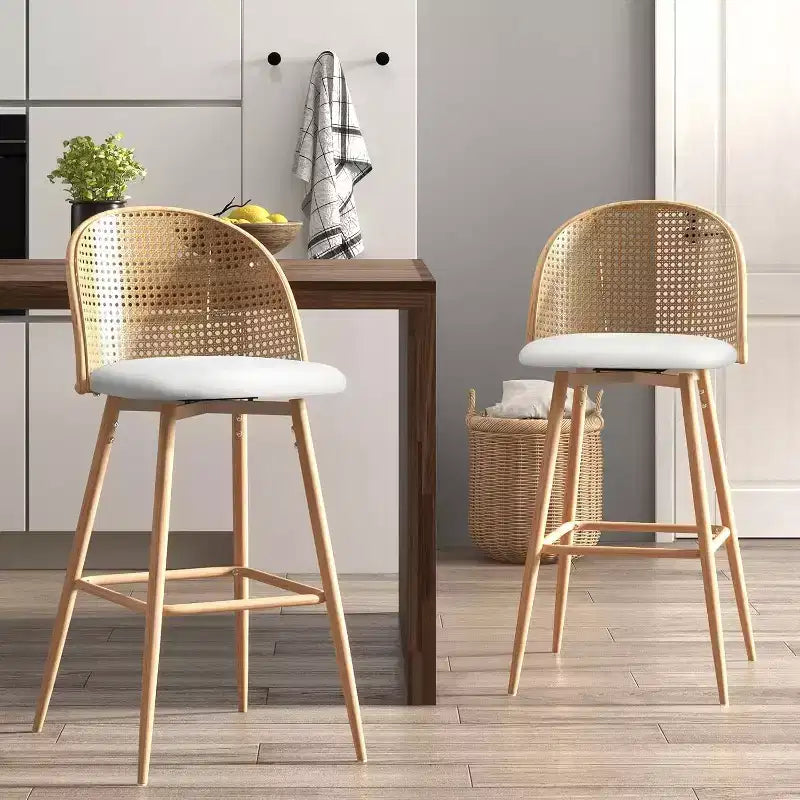 Tabourets de bar pivotants en rotin avec similicuir, chaises de bar rembourrées de style bohème moderne du milieu du siècle pour îlot de cuisine