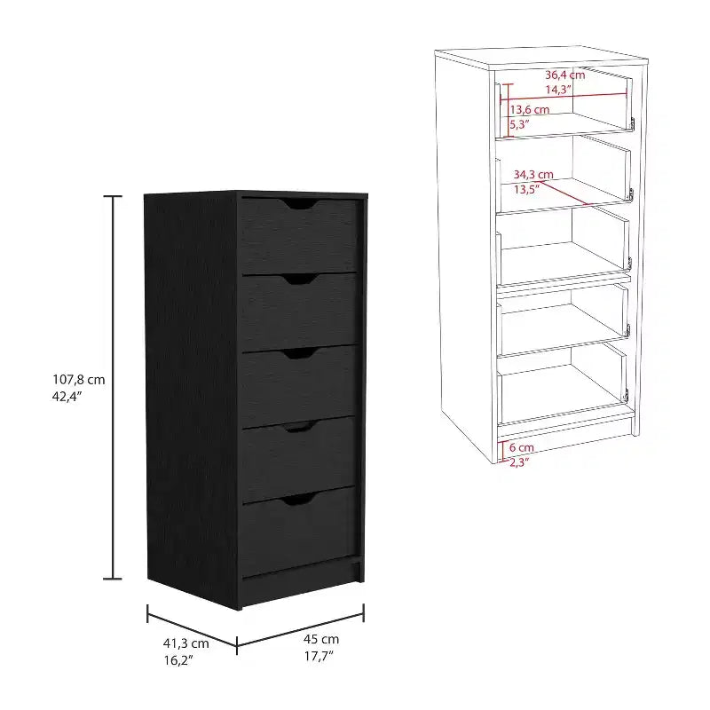 Commode haute et étroite pour chambre à coucher avec 5 tiroirs, commode de rangement, table de chevet avec système coulissant pour placard, chevet, salon, couloir
