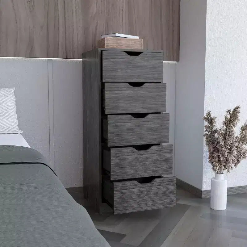 Commode haute et étroite pour chambre à coucher avec 5 tiroirs, commode de rangement, table de chevet avec système coulissant pour placard, chevet, salon, couloir