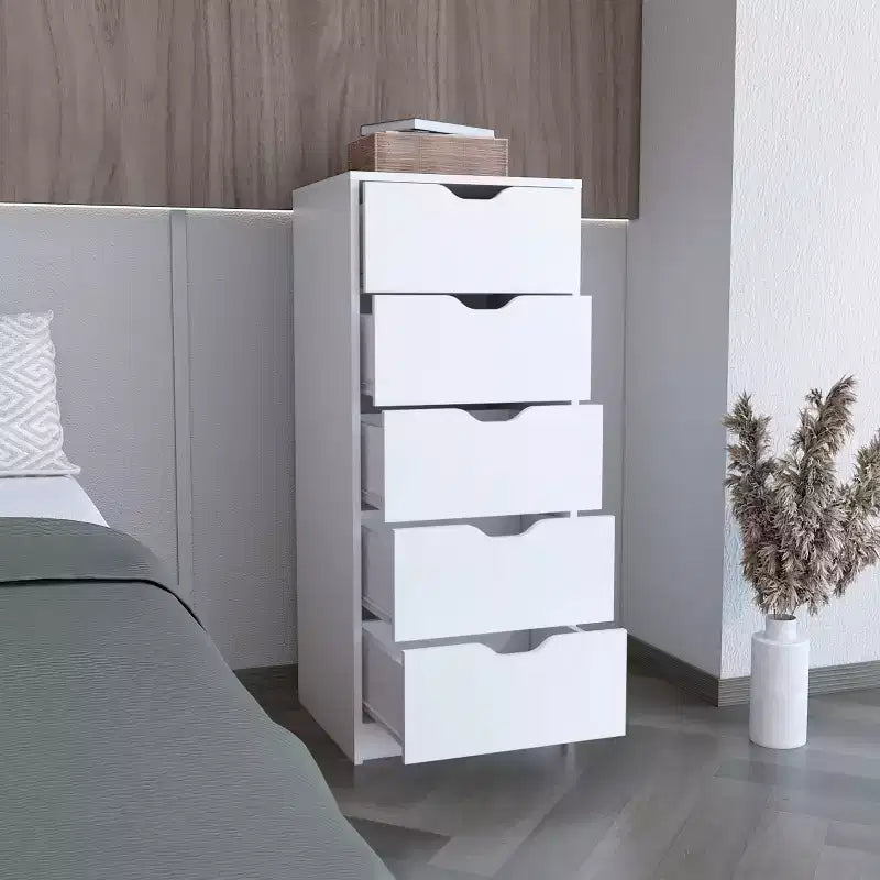 Commode haute et étroite pour chambre à coucher avec 5 tiroirs, commode de rangement, table de chevet avec système coulissant pour placard, chevet, salon, couloir