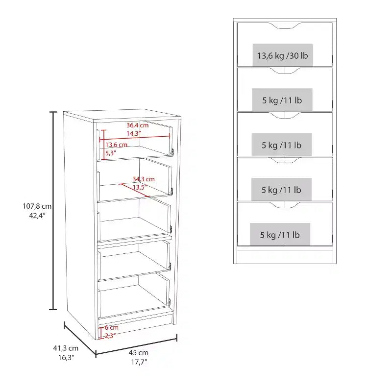 Commode haute et étroite pour chambre à coucher avec 5 tiroirs, commode de rangement, table de chevet avec système coulissant pour placard, chevet, salon, couloir