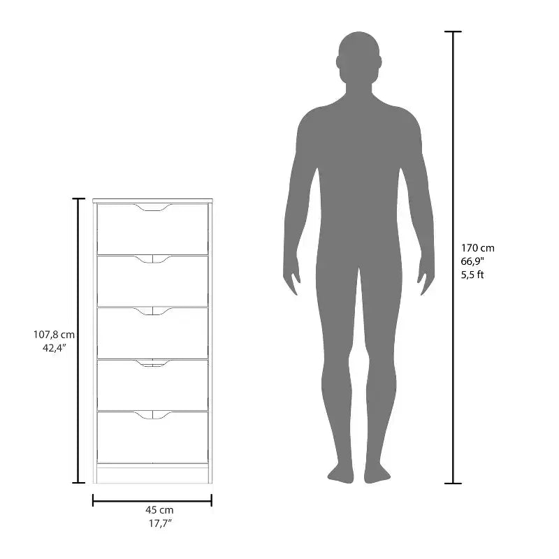Commode haute et étroite pour chambre à coucher avec 5 tiroirs, commode de rangement, table de chevet avec système coulissant pour placard, chevet, salon, couloir