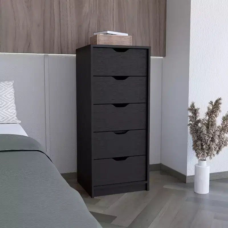 Commode haute et étroite pour chambre à coucher avec 5 tiroirs, commode de rangement, table de chevet avec système coulissant pour placard, chevet, salon, couloir