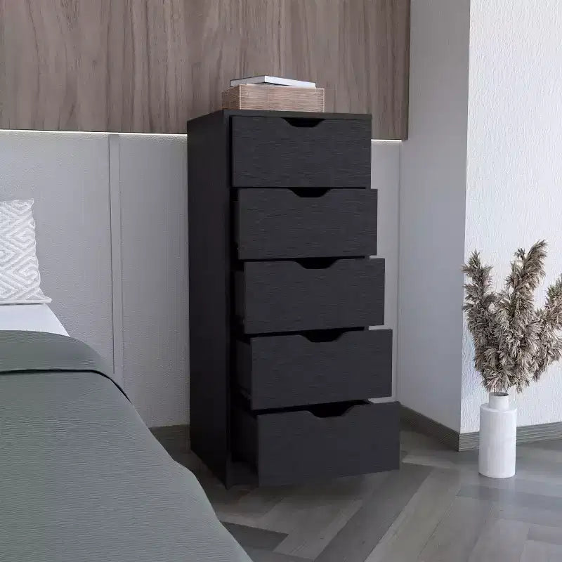 Commode haute et étroite pour chambre à coucher avec 5 tiroirs, commode de rangement, table de chevet avec système coulissant pour placard, chevet, salon, couloir
