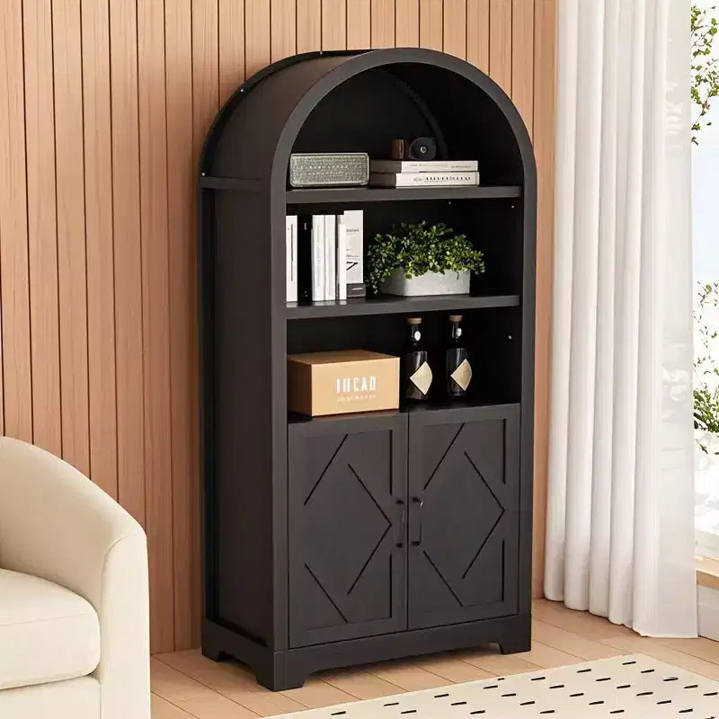 Bibliothèque-Vaisselier à Portes et Arche Haute de 71 po, Étagères Ouvertes Réglables et Rangement Fermé, Style Mid-Century Moderne, pour Toute Pièce