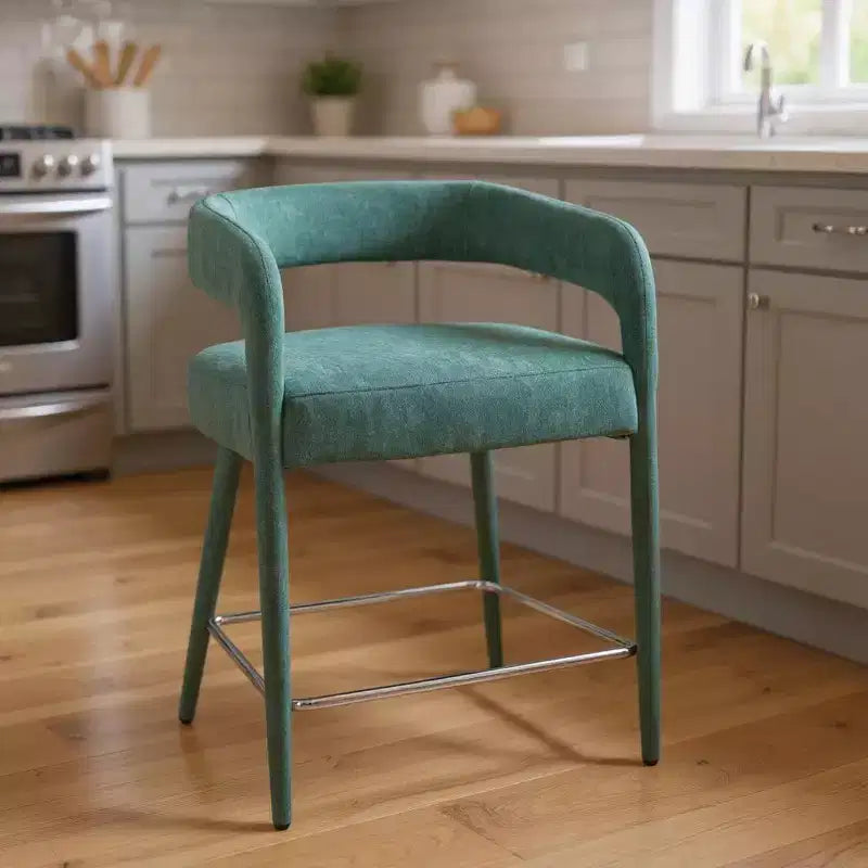 Chaise de bar basse à hauteur de comptoir en métal et tissu bleu sarcelle