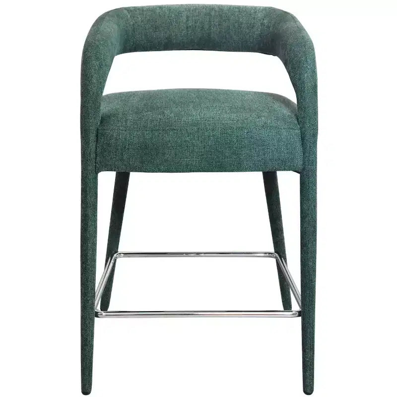 Chaise de bar basse à hauteur de comptoir en métal et tissu bleu sarcelle