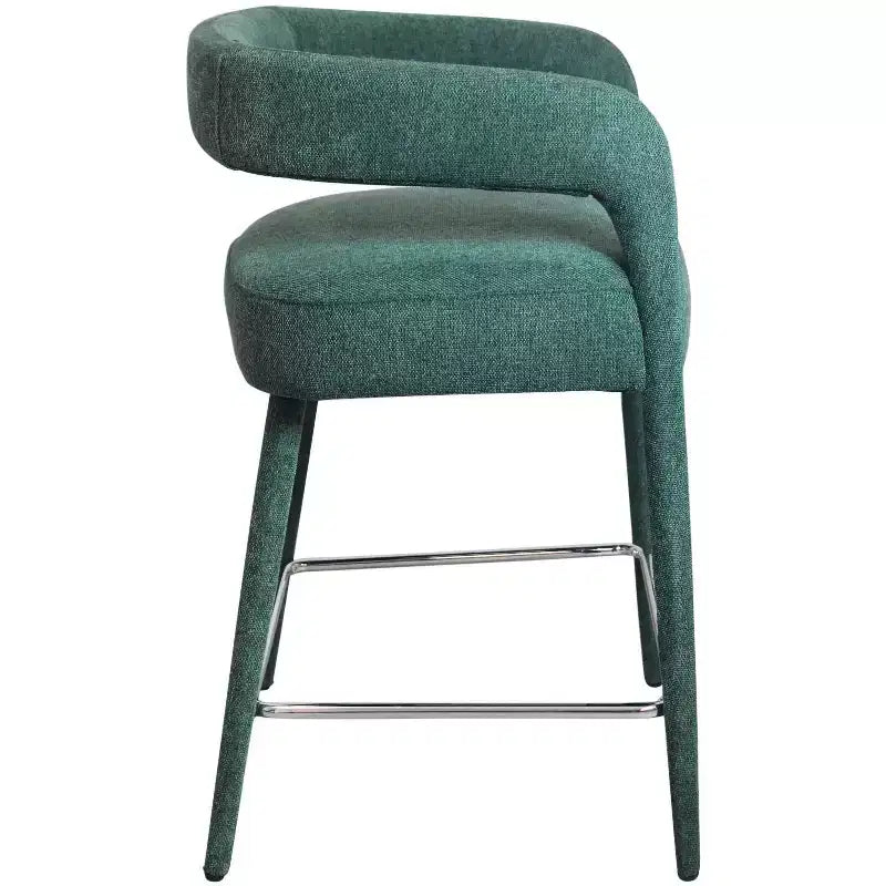 Chaise de bar basse à hauteur de comptoir en métal et tissu bleu sarcelle