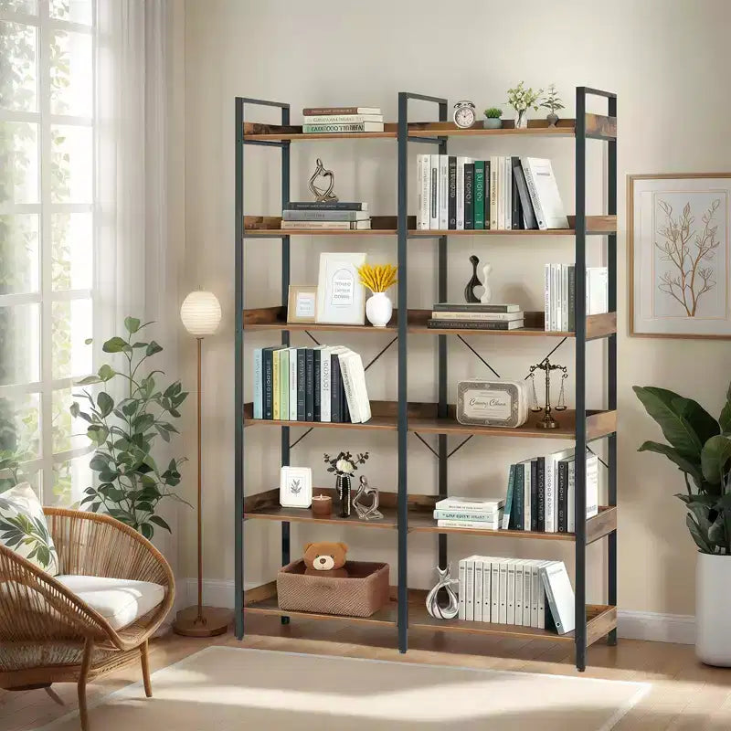 69 Bibliothèque industrielle à 6 niveaux, étagère ouverte en MDF marron + cadre en métal (rangement et présentation autoportants pour la maison/le bureau)
