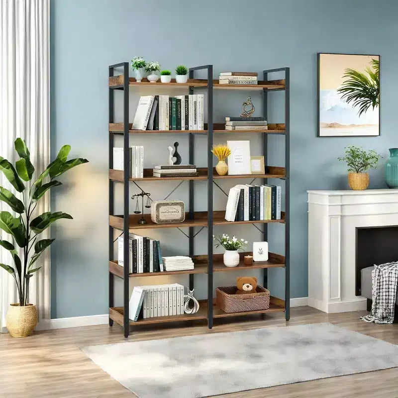 69 Bibliothèque industrielle à 6 niveaux, étagère ouverte en MDF marron + cadre en métal (rangement et présentation autoportants pour la maison/le bureau)