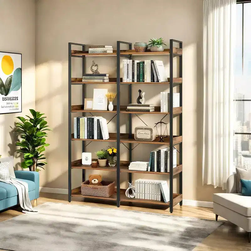 69 Bibliothèque industrielle à 6 niveaux, étagère ouverte en MDF marron + cadre en métal (rangement et présentation autoportants pour la maison/le bureau)