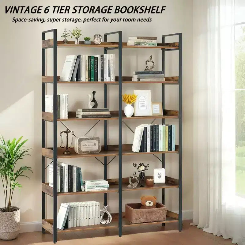 69 Bibliothèque industrielle à 6 niveaux, étagère ouverte en MDF marron + cadre en métal (rangement et présentation autoportants pour la maison/le bureau)